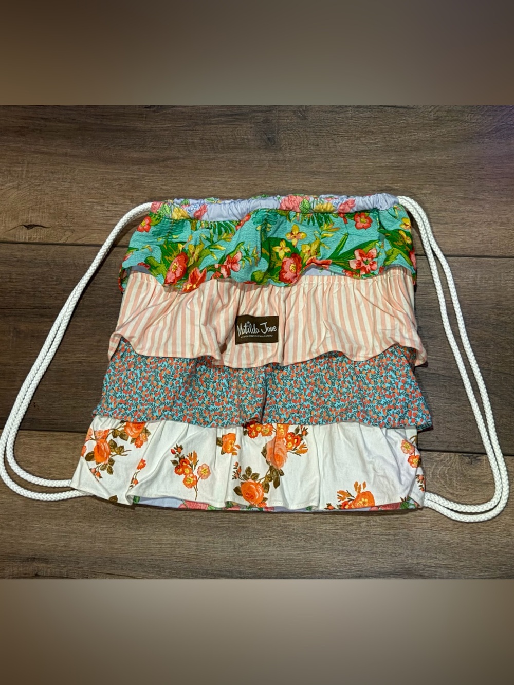 Matilda Jane Floral Ruffle Drawstring Backpack in Green, Peach, Coral